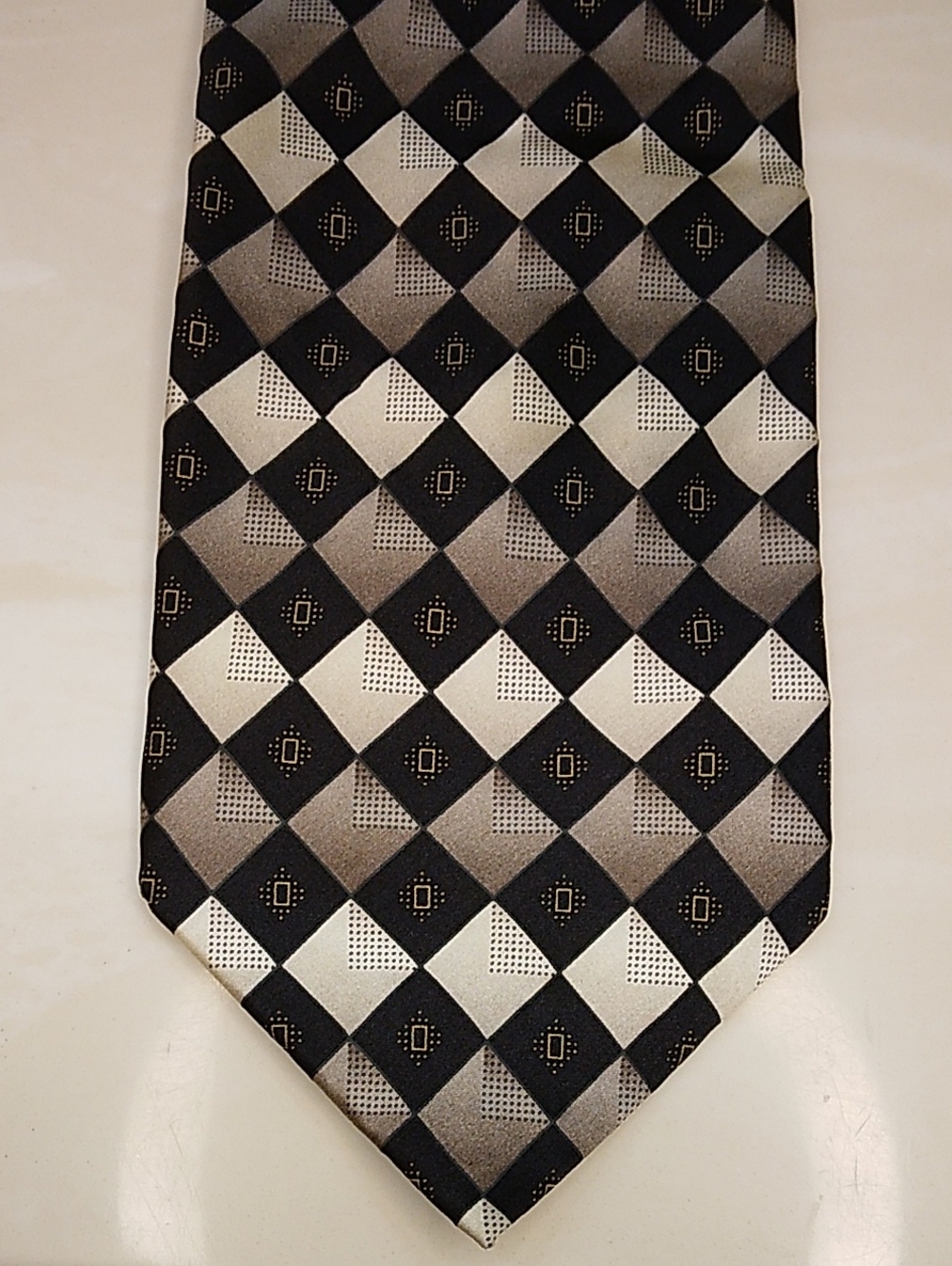 Vintage Bergamo New York X-Long Black and Cream Checkerboard Handmade Neck Tie